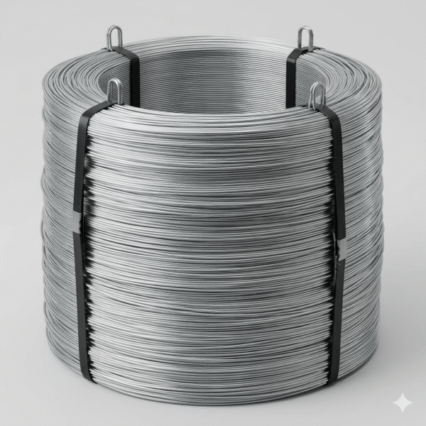 A large coil of 500KG Hot Dipped Galvanized Wire neatly bundled with black straps on a clean light gray background.