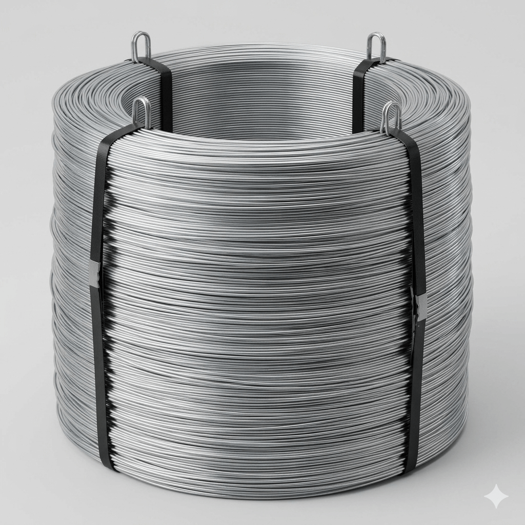 A large coil of 500KG Hot Dipped Galvanized Wire neatly bundled with black straps on a clean light gray background.