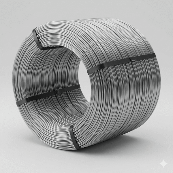 A large industrial coil of 500KG galvanized wire tied with black straps