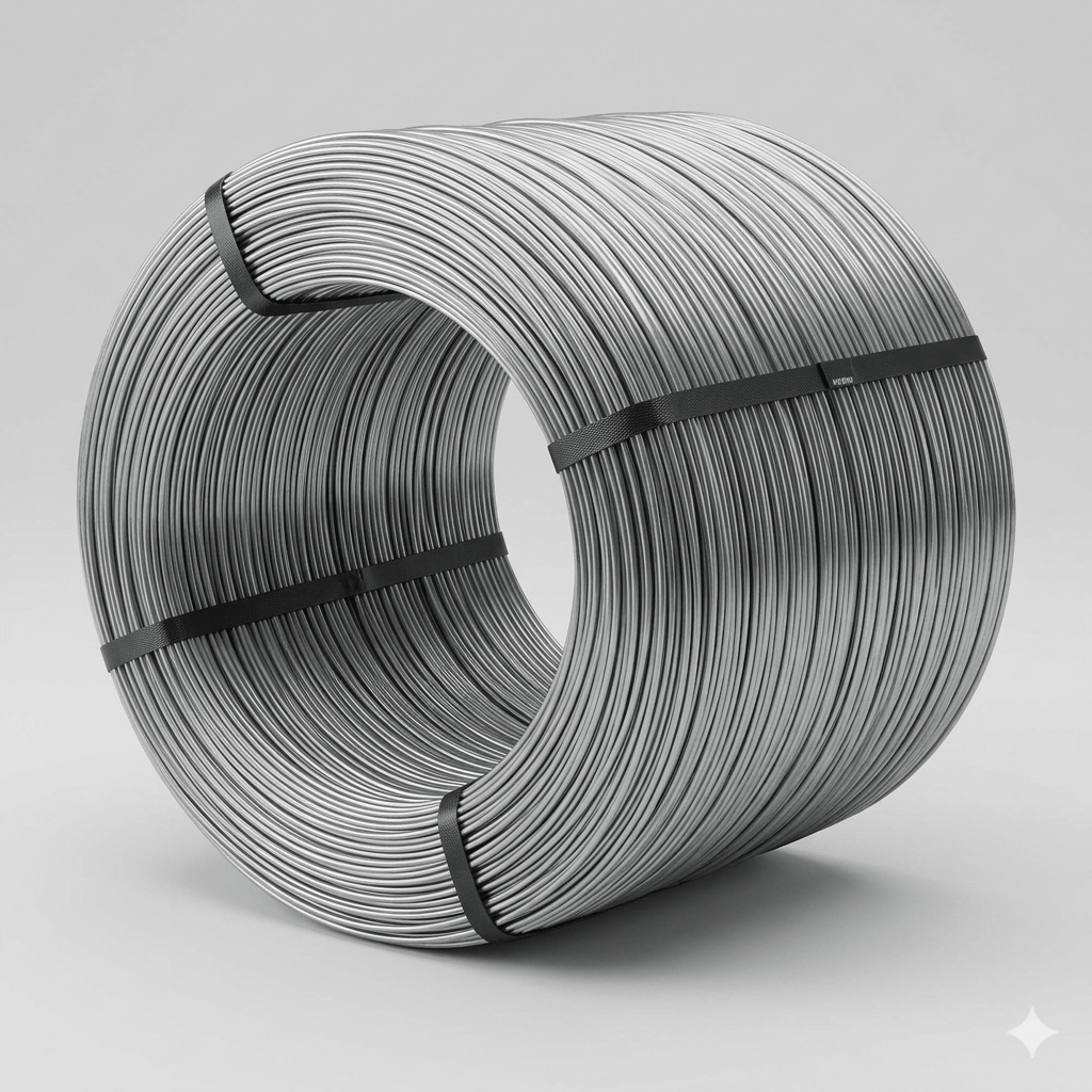 A large industrial coil of 500KG galvanized wire tied with black straps