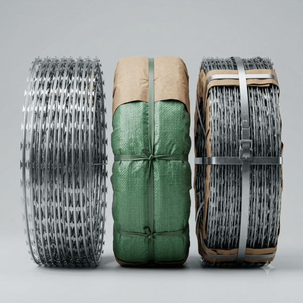 Premium galvanized BTO-10 razor wire coils displayed side by side, showcasing bare sharp blades, waterproof woven bag packaging, and compressed steel-strapped bundles for secure global shipping.