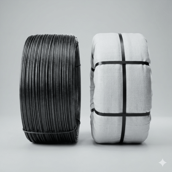 Commercial product photography of two 25kg black annealed wire coils side-by-side on a light gray studio background. The left coil displays raw bare black wire with a fine steel texture, while the right coil is tightly wrapped in professional white woven cloth packaging with neat black straps