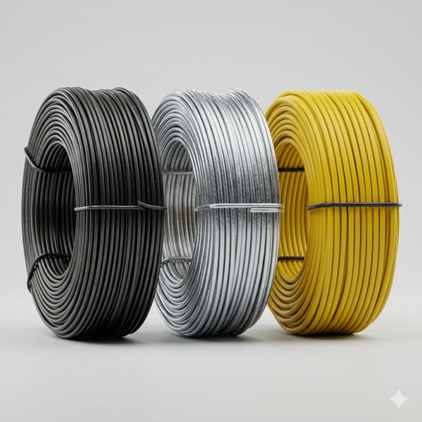 three types of rebar tie wire coils side by side on a light grey background: black annealed wire, shiny galvanized wire, and yellow PVC coated wire