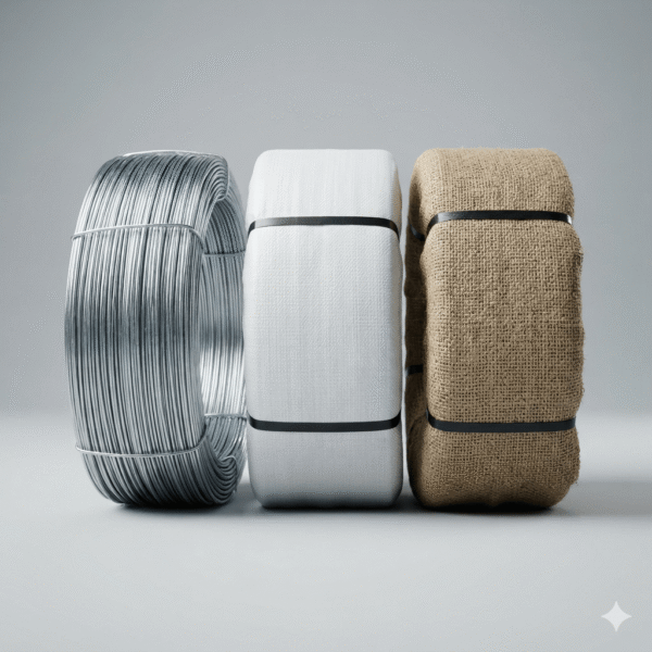 three 25kg Electro Galvanized Iron Wire coils arranged side by side on a clean, light gray background. The left coil is bare wire showing a shiny metallic texture; the middle coil is tightly wrapped in white industrial woven fabric with black strapping bands; the right coil is wrapped in textured brown hessian cloth.