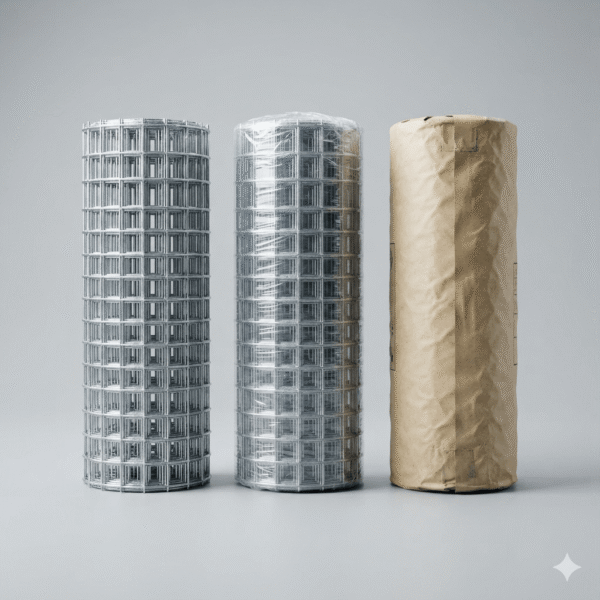 Commercial product photography of three rolls of galvanized welded wire mesh standing side-by-side against a clean light gray background. The image demonstrates three types of industrial packaging: the left roll is bare shiny silver steel wire mesh; the middle roll is tightly wrapped in clear plastic shrink film; the right roll is fully covered in brown kraft waterproof paper. Centered composition with soft studio lighting.