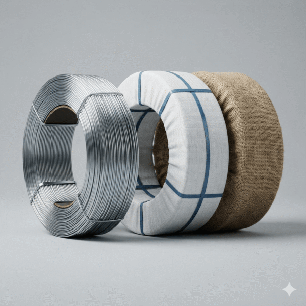 hot dipped galvanized wire coils in three packaging types: bare wire with metallic shine, woven white fabric cloth with blue straps, and brown hessian cloth wrapping