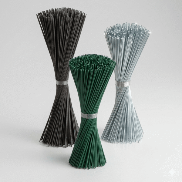 Commercial product photography of three straight cut wire bundles—black annealed, green PVC coated, and bright galvanized—standing on a light gray background.
