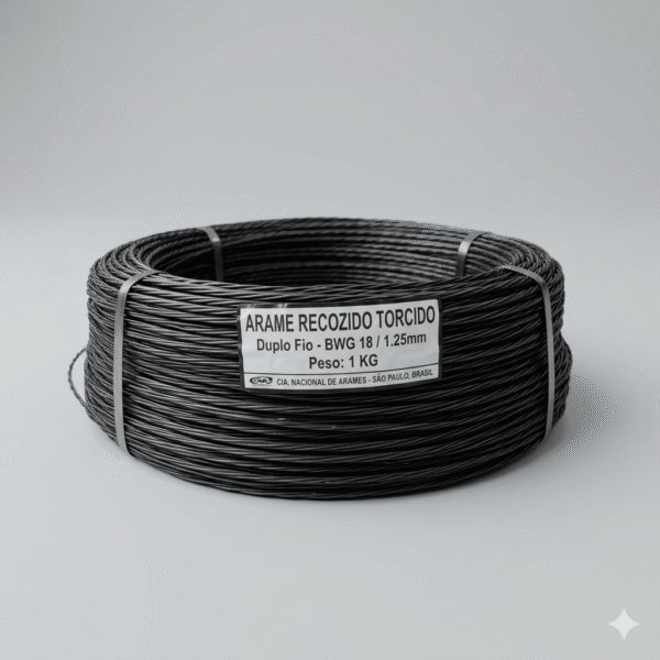 A coil of black double-strand twisted annealed wire, product type Arame Recozido Torcido BWG 18.