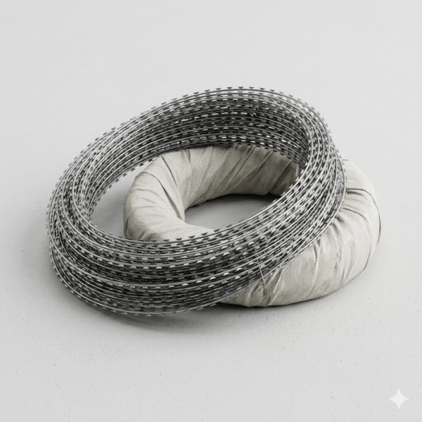 a coil of BTO-12 Razor Wire with a protective white woven fabric wrapping