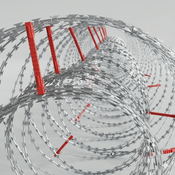 a Double Coil Razor Wire showcasing the sharp helical metal blades and red securing clips.
