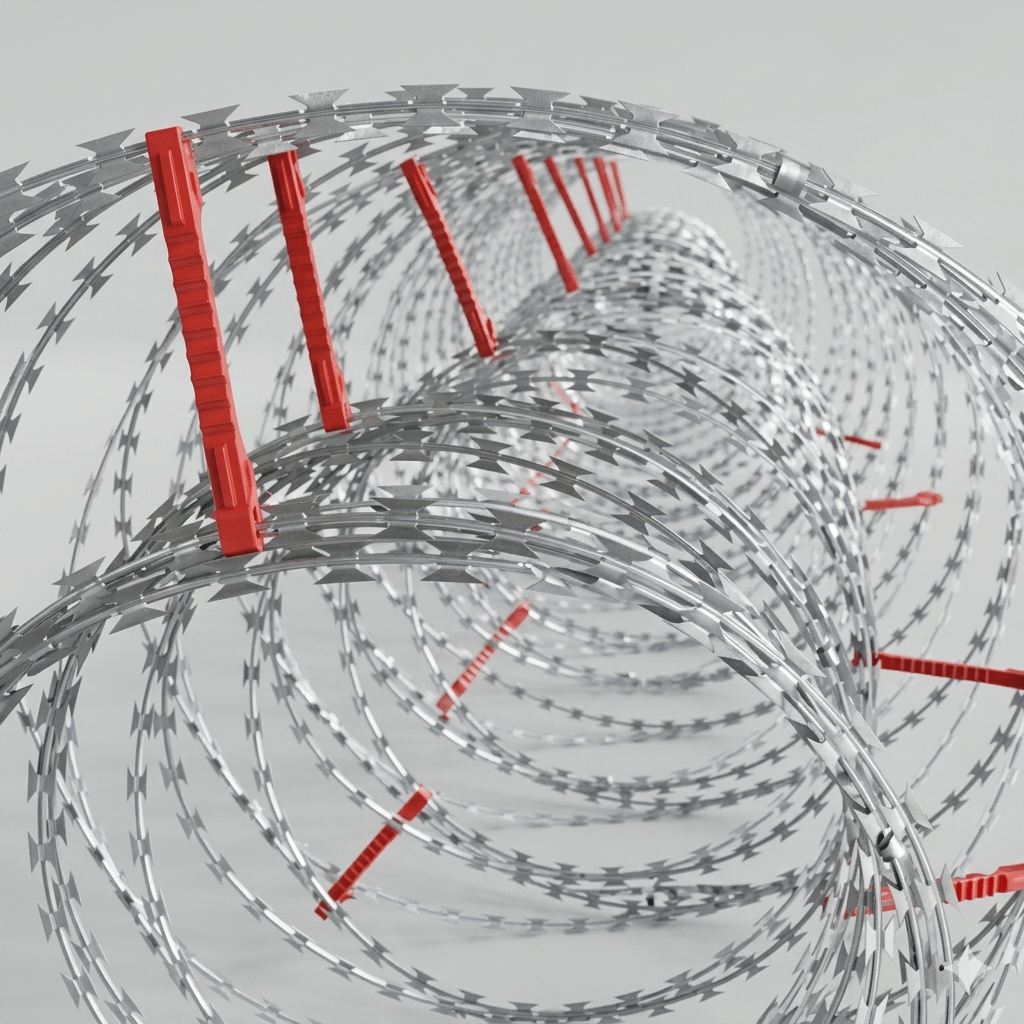 a Double Coil Razor Wire showcasing the sharp helical metal blades and red securing clips.
