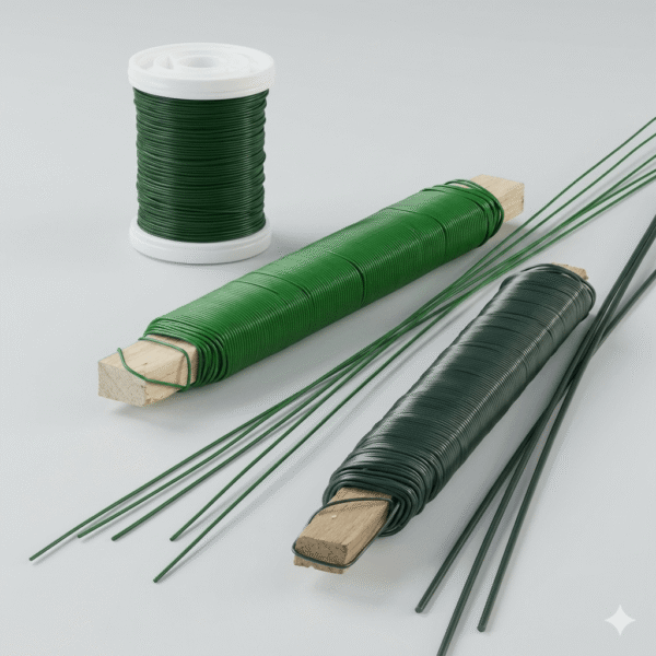 A professional collection of green floral wire tools for floristry. A spool of dark green thin wire on a white plastic bobbin sits in the upper left. Two rectangular wooden sticks wrapped with bright green and forest green floral paddle wires are arranged diagonally, surrounded by several straight green cut wire pieces.