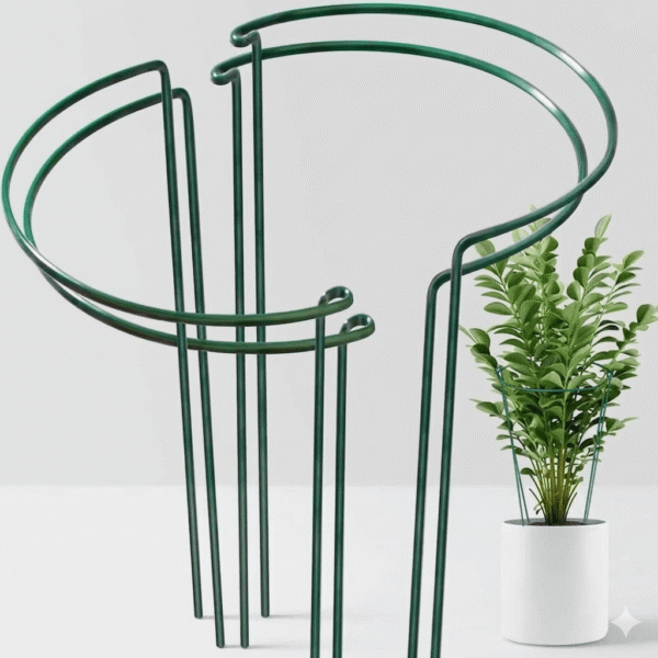dark green metal Half Round Plant Support Stakes, showing a stack of crescent-shaped plant hoops next to a small green potted plant in a white ceramic planter