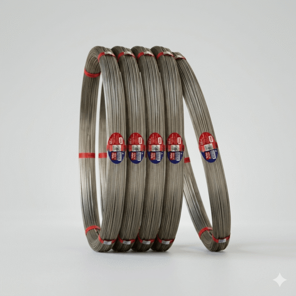 Five coils of High Tensile Galvanized Oval Wire arranged on a white background with a green border, featuring red and blue product labels for farm and agricultural fencing.