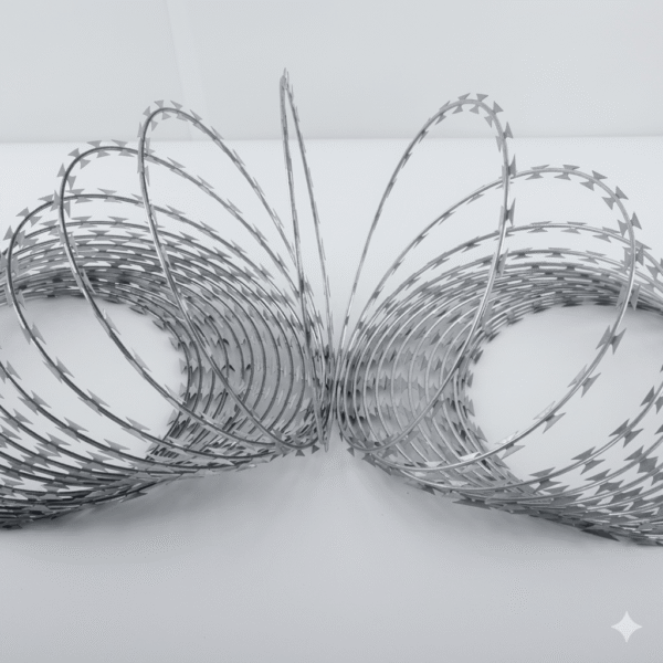 Commercial catalog photo of a Single Coil Razor Barbed Wire on a clean light gray studio background.