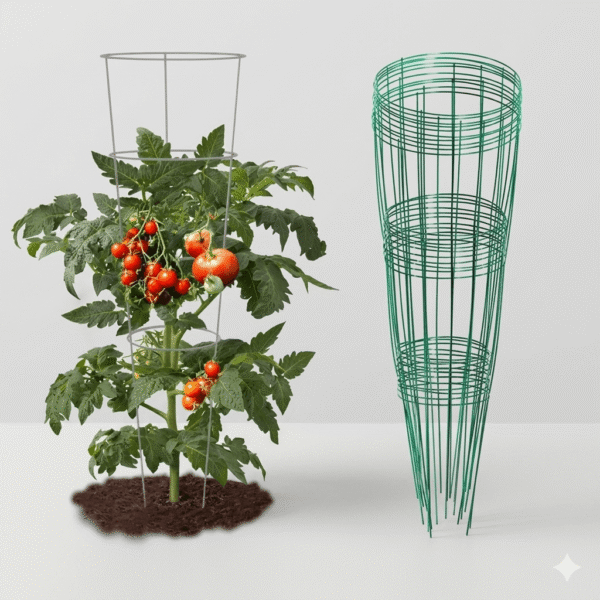 On the left, a vibrant tomato plant heavy with ripe red tomatoes is supported by a silver Spiral Plant Support cage in soil. On the right, a stacked cluster of green wire Spiral Plant Support cages