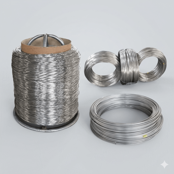 Stainless Steel Wire a large wire spool on the left and smaller coiled steel wire bundles