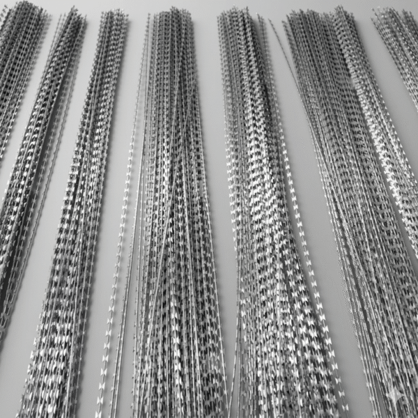 STRAIGHT LINE RAZOR WIRE Multiple strands of shiny silver metallic razor wires are arranged vertically and parallelly.