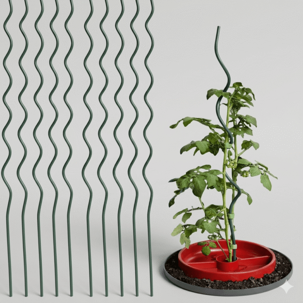 On the left, several green tomato spiral stakes are arranged neatly in a row. On the right, a tomato plant is growing out of soil inside a red circular watering tray, with one green tomato spiral stake supporting its stem.