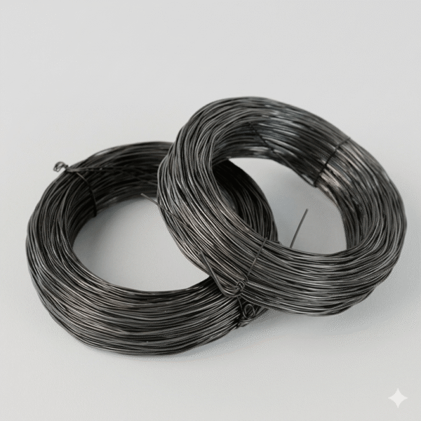 Two coils of industrial-grade Twisted Black Annealed Wire meticulously bundled on a minimalist light gray background. The wire features a dark matte finish with distinct textural lines and clear product detailing for a professional catalog presentation.